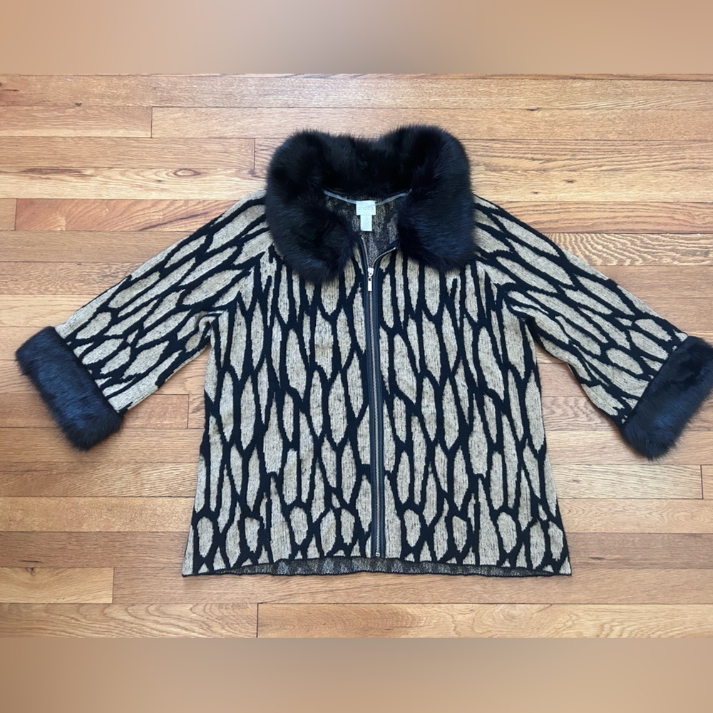 Chico’s Women’s Convertible Faux‎ Fur Trimmed Sweater Jacket - Size 3